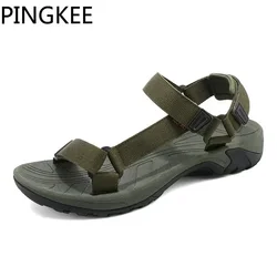 PINGKEE Fabric Upper Adjustable Men Summer Leather Sandals Original Mens Sandals Man Leather Classic Slip on Flat Men's Shoes