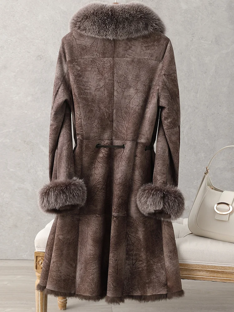 ZDFURS*Original Rabbit Fur Coat Women \'S Mid-Length Fox Fur Collar Slim Fit Waist-Tight Whole Skin Rabbit Fur Leather Fur Coat