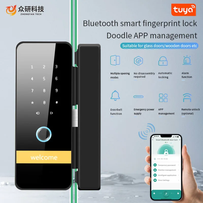 Smart Fingerprint Door Lock Battery Supply Bluetooth Tuya APP Rfid IC Card Password Key Biometric Unlock Glass Door Lock