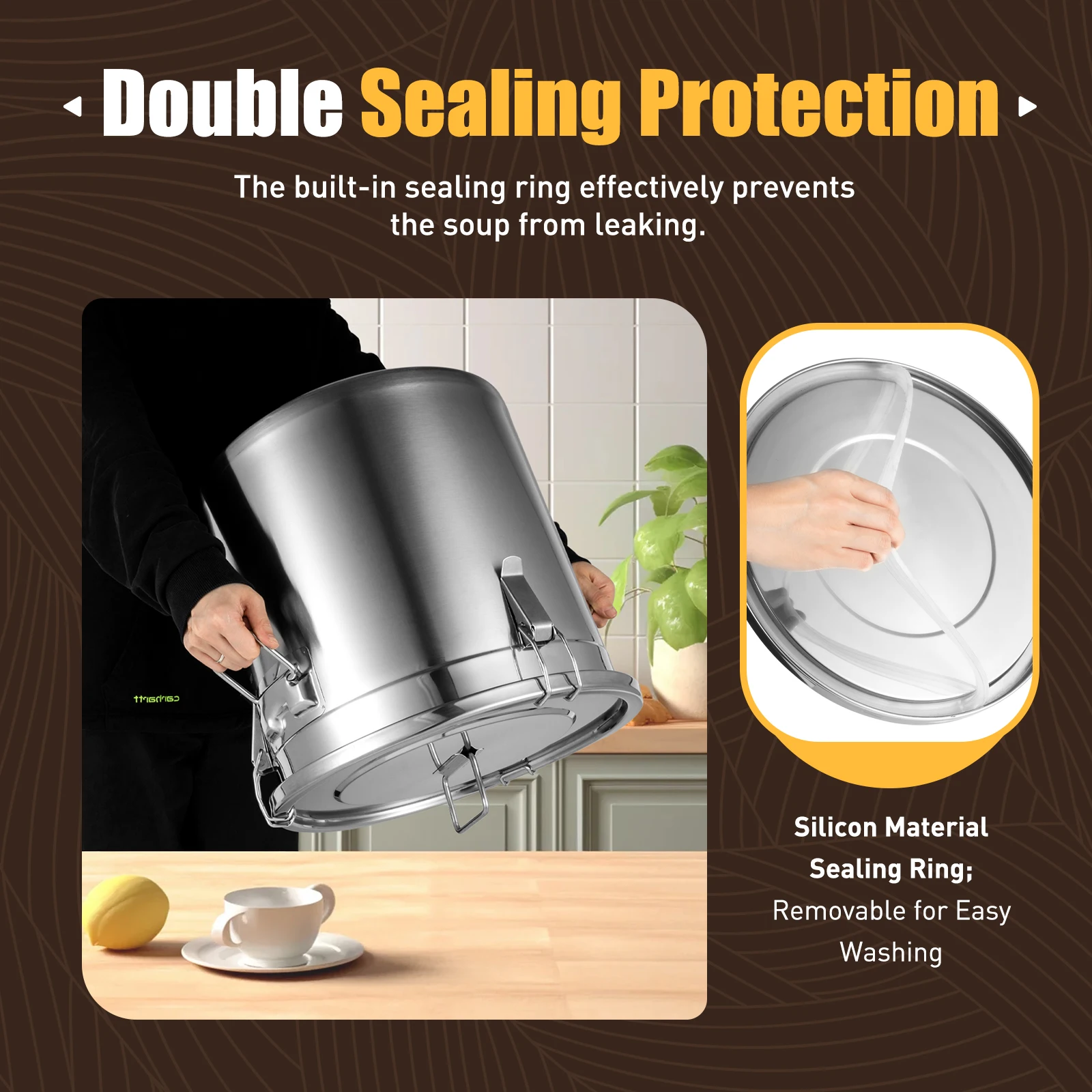 

33L Stainless Steel Rice Container Double Sealing Storage Bucket Kitchen Grain Containers with Handles for Rice Flour Cereals