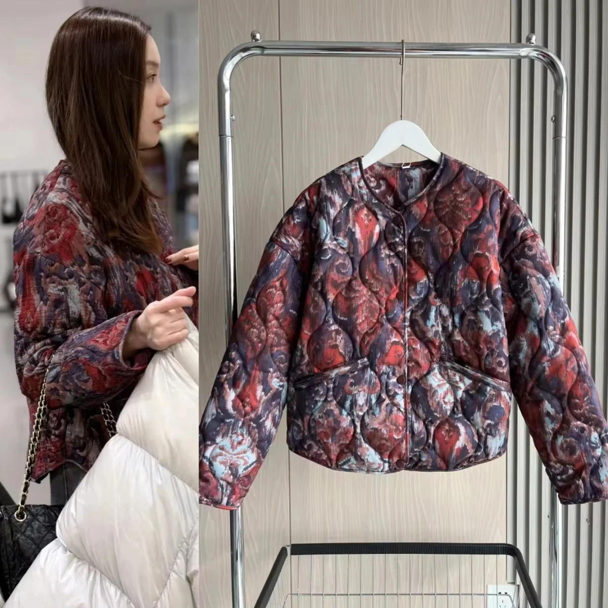 Women's Spring collection Elegant fashion print loose edition vintage crewneck cotton-padded jacket