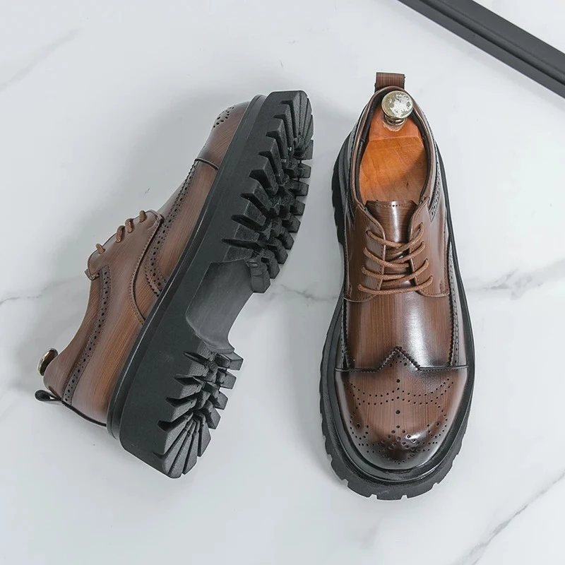 5cm Soft Chunky Sole Men's Derby Dress Shoes Pu Leather Brogues Wingtip Oxfords Style Casual Business Elevator Shoes Modern Man