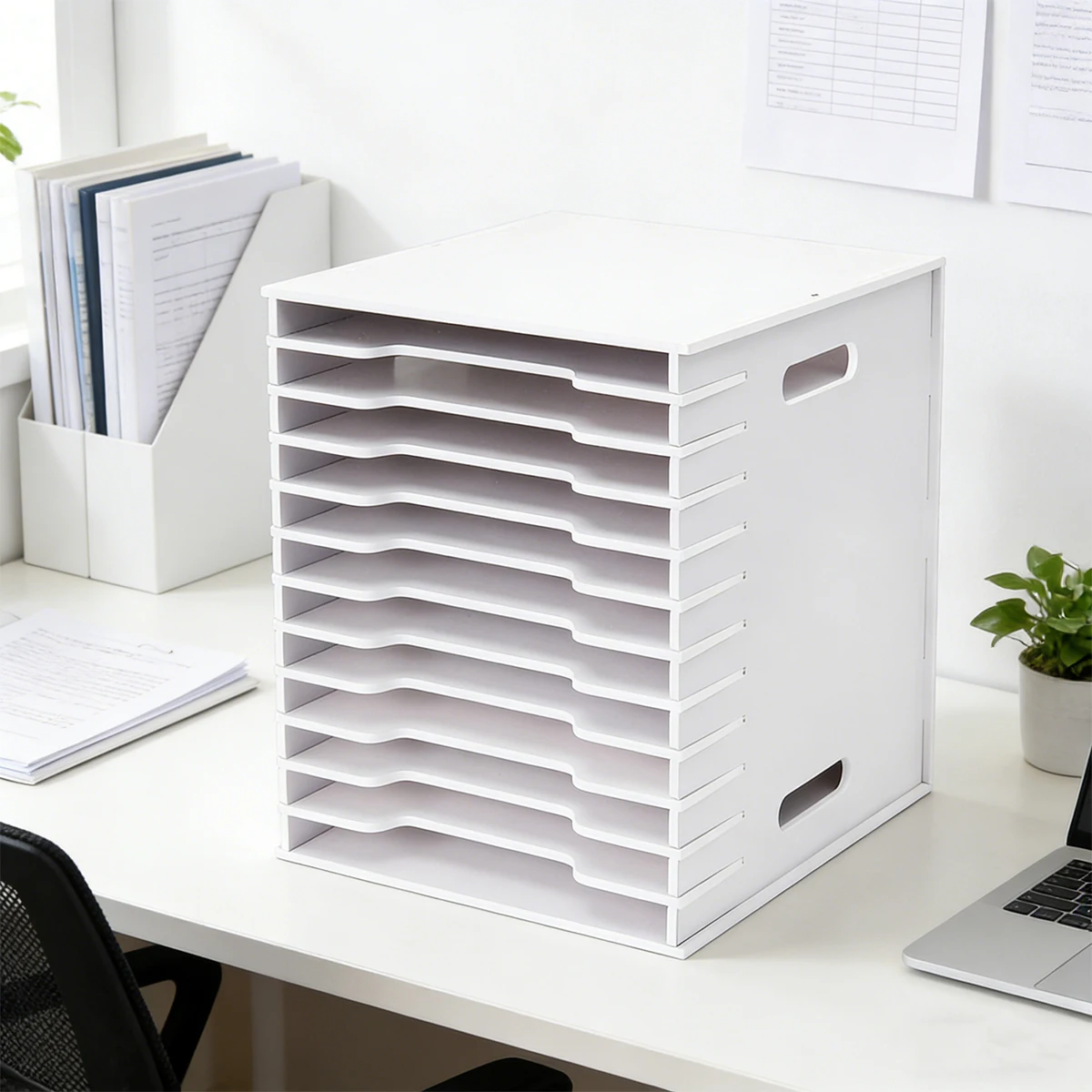 12-Tier White Desktop File Organizer, A4 Paper & Scrapbook Holder with Handles for Office & School
