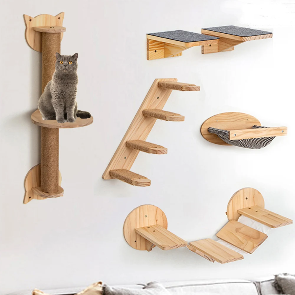 

1 Piece Cat Climbing Shelves Wall Mounted Scratching Post For Cat Hammock Cute Step & Widen Step With Felt Wooden Furniture Tree