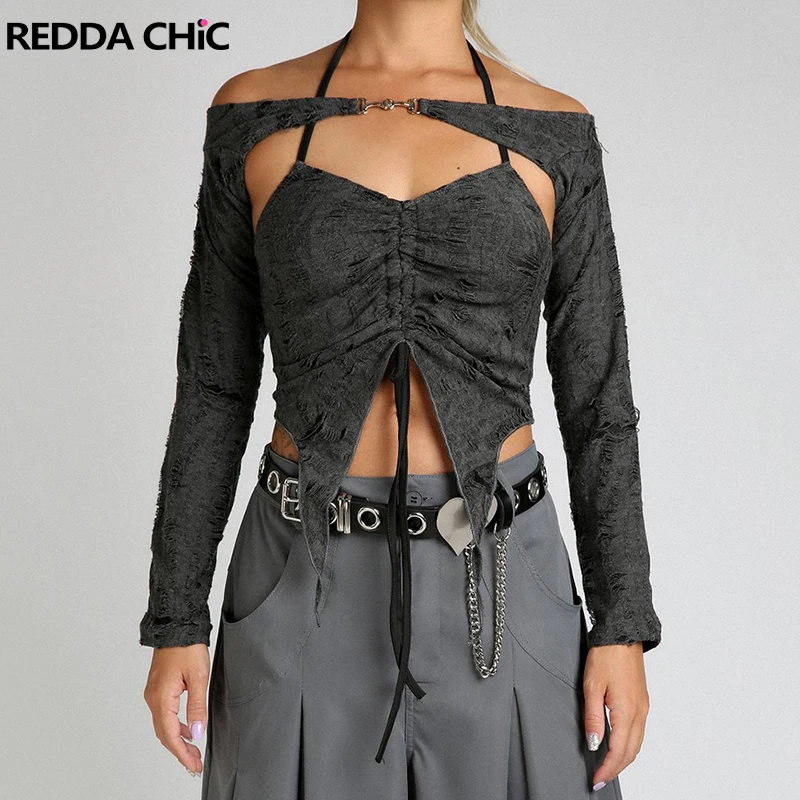 

REDDACHiC Женская укороченная куртка в стиле гранж с бретелькой на шее, комплект с рваными дырками и длинными рукавами, майка на шнурке, уличная одежда в стиле Харадзюку