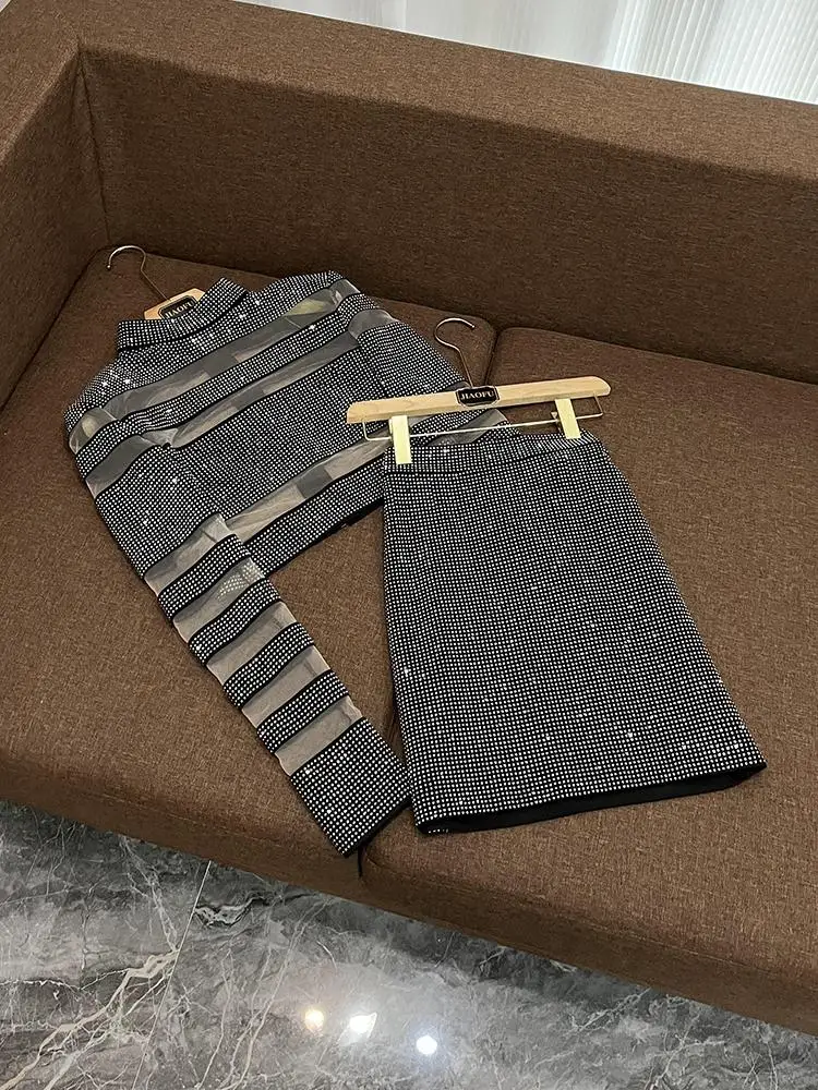 

2025 New Heavy Embellied Me Paneling Sequin Top Skirt Set Celebri Sle Commute Faion Women's Set A922