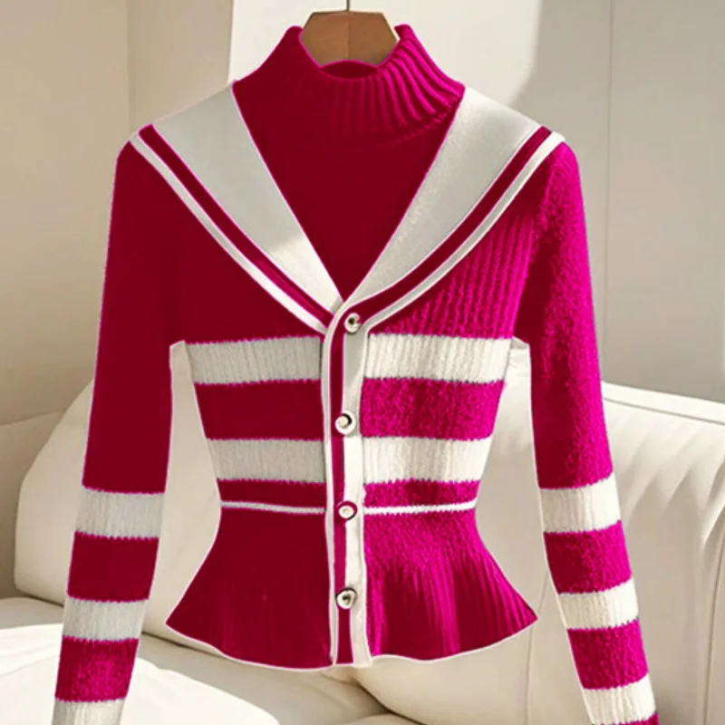 

Корейский модный полосатый свитер, женский осенний новый шикарный водолазка, усовершенствованный и облегающий кашемировый искусственный трикотаж из двух предметов