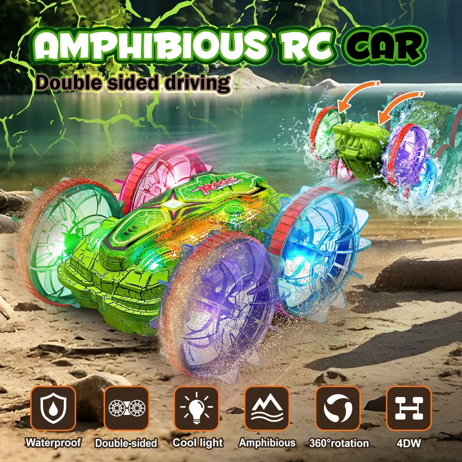 Nouveau modèle de fission de dinosaure électrique étanche tout-terrain longue durée de vie de la batterie lumière amphibie voitures rc pour enfants pour adultes