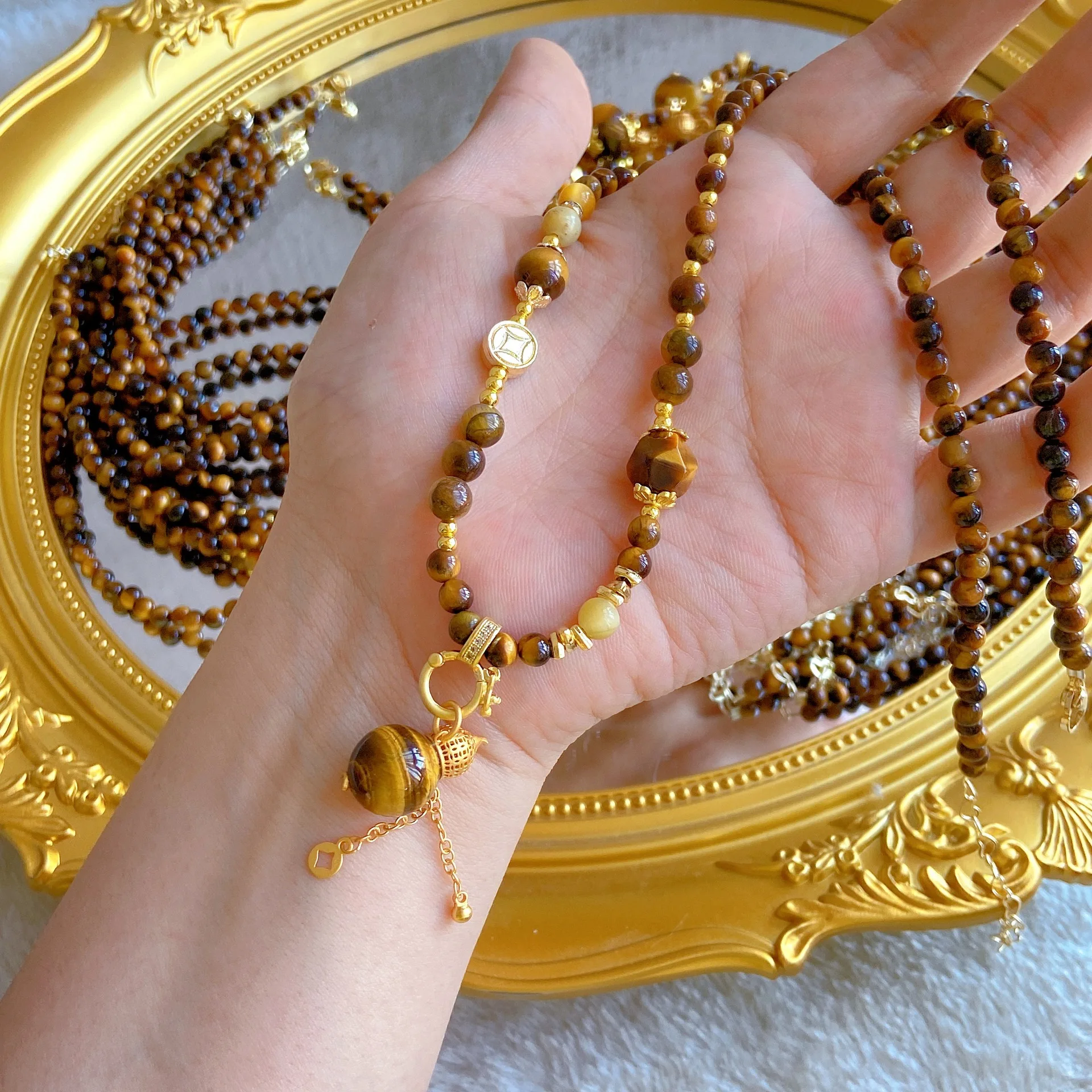 

Natural Tiger's Eyes Strand Chain With Group Shape Crystal Pendant Necklace Golden Color Be Rich Be Happness Body Lucky Jewelry