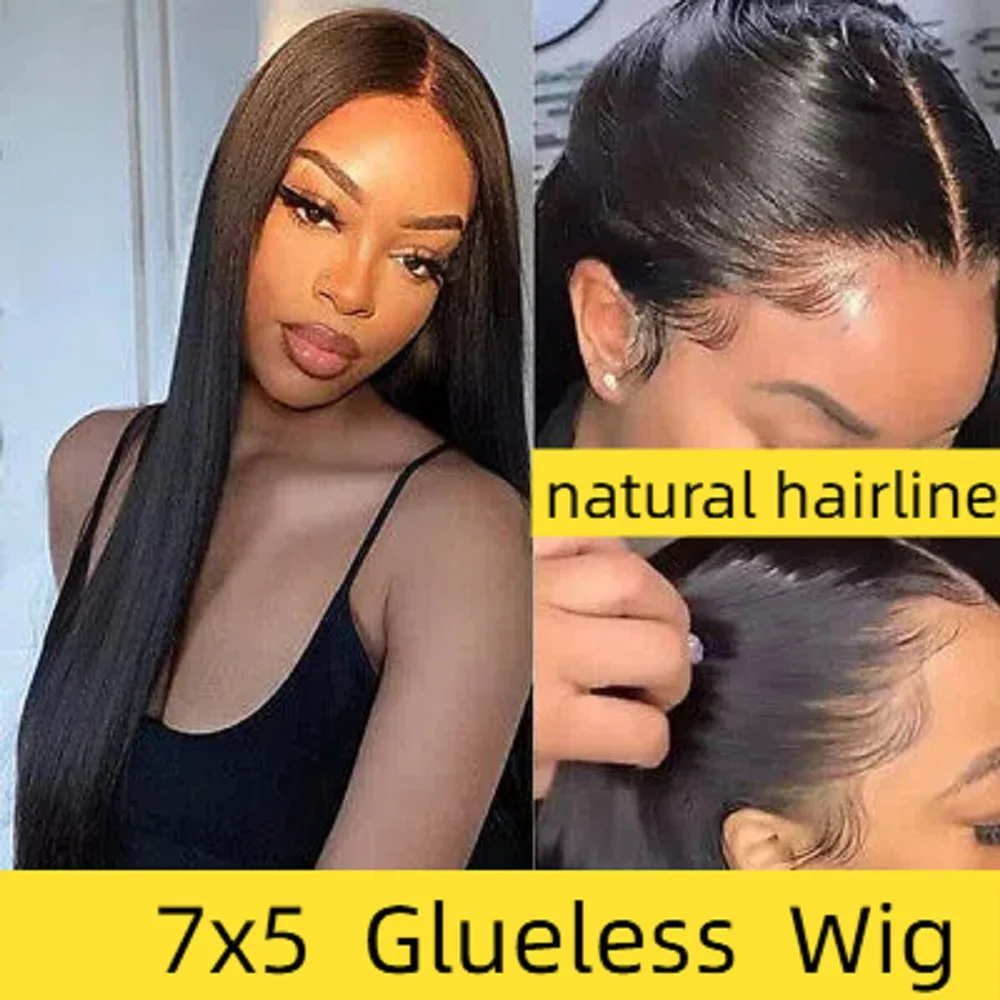 شعر مستعار دانتيل مستقيم ملتوف مسبقًا ، شعر بشري بدون لاصق ، أسود ، كثافة ، 28 "، 7x5