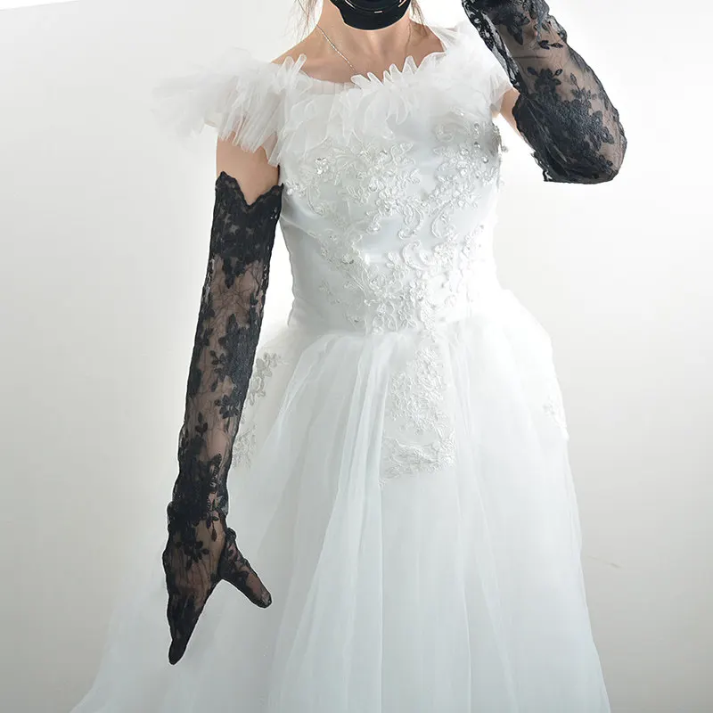 62 cm lange Spitzenhandschuhe aus Tüll-Mesh, halbtransparent, einfarbig weiß, mit Blumenmuster, modisch, für Abendveranstaltungen, Hochzeiten, Brautzeremonien, elegante Manschetten. – Detail 11