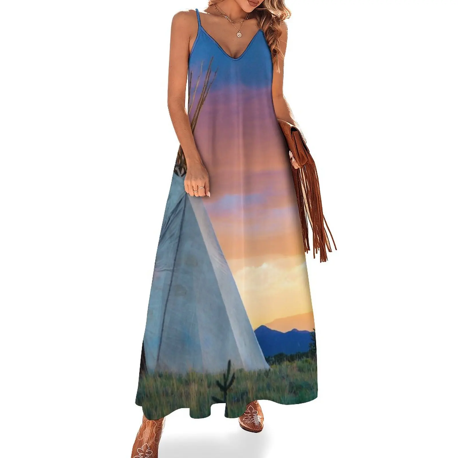 Vestido sin mangas de dual-teepees con Southwest Sunset para mujer, vestidos de baile, vestidos de verano