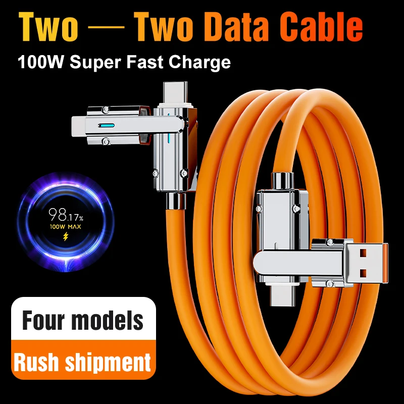 100W Four in One Data Cable for Fast Charging of Mobile Phones Suitable for Huawei and Apple Dual Head Type-C