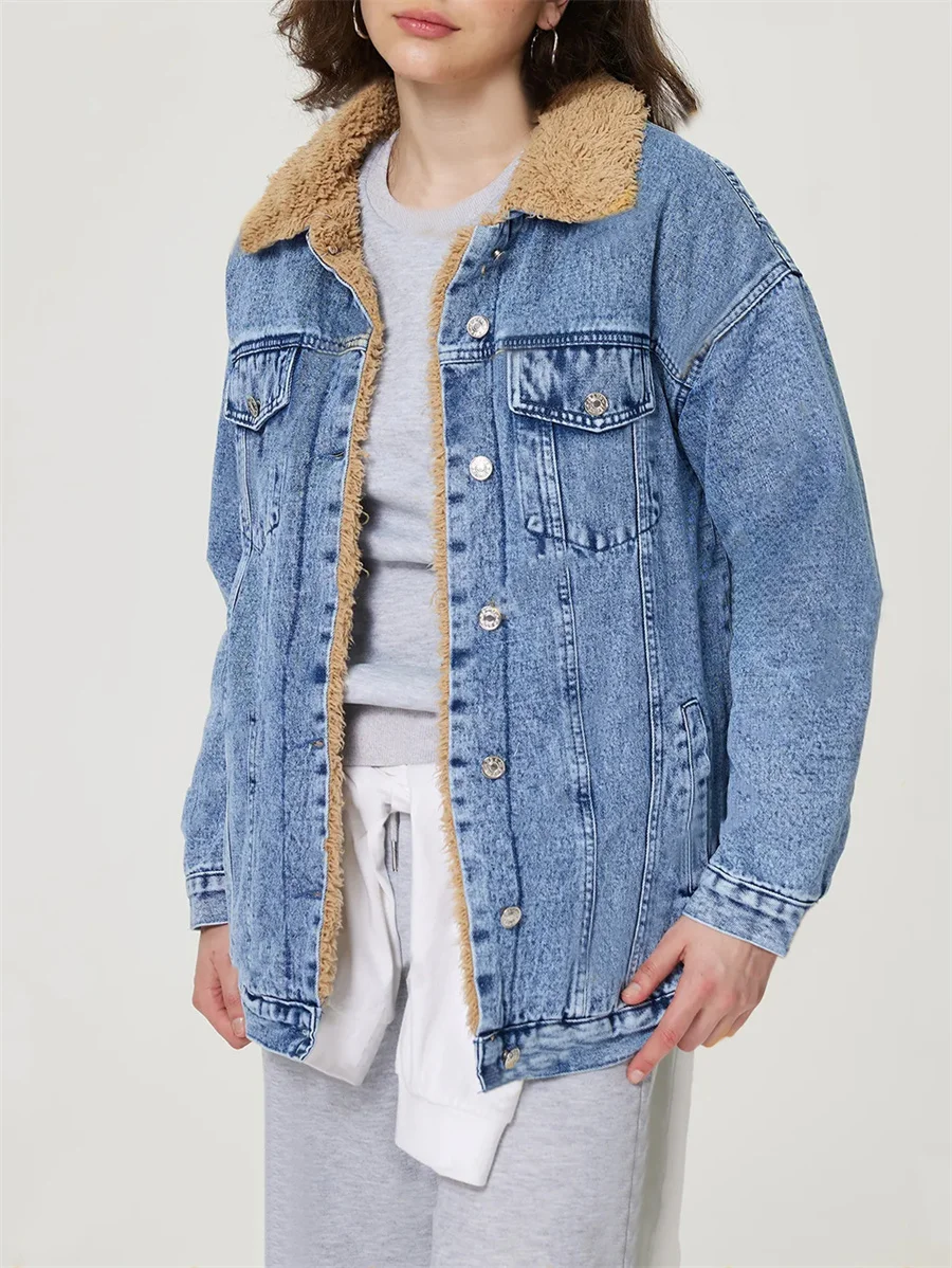 Benuynffy Winter Jean Jackets Women's Vintage Single Breasted Loose Thicker Fleece Warm Denim Coats Streetwear Casual Outerwear