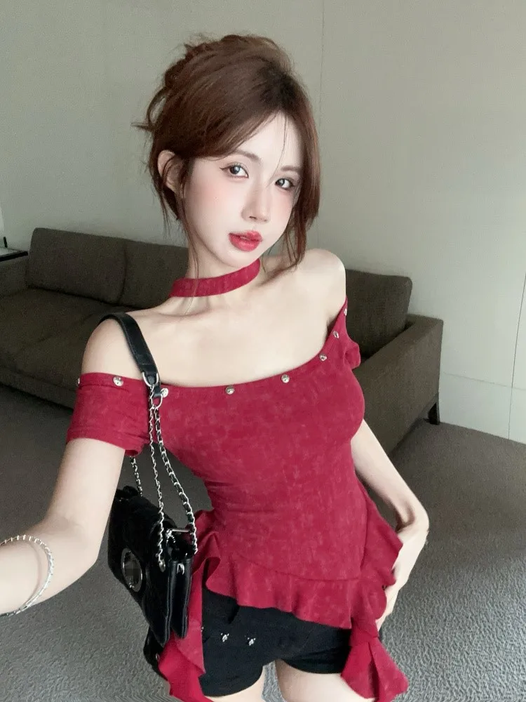 

Sweet And Spicy Girl Lobone One Oulder Hanging Ne Top Летняя новинка Sle Маленький размер Милая футболка Sle ort Sve