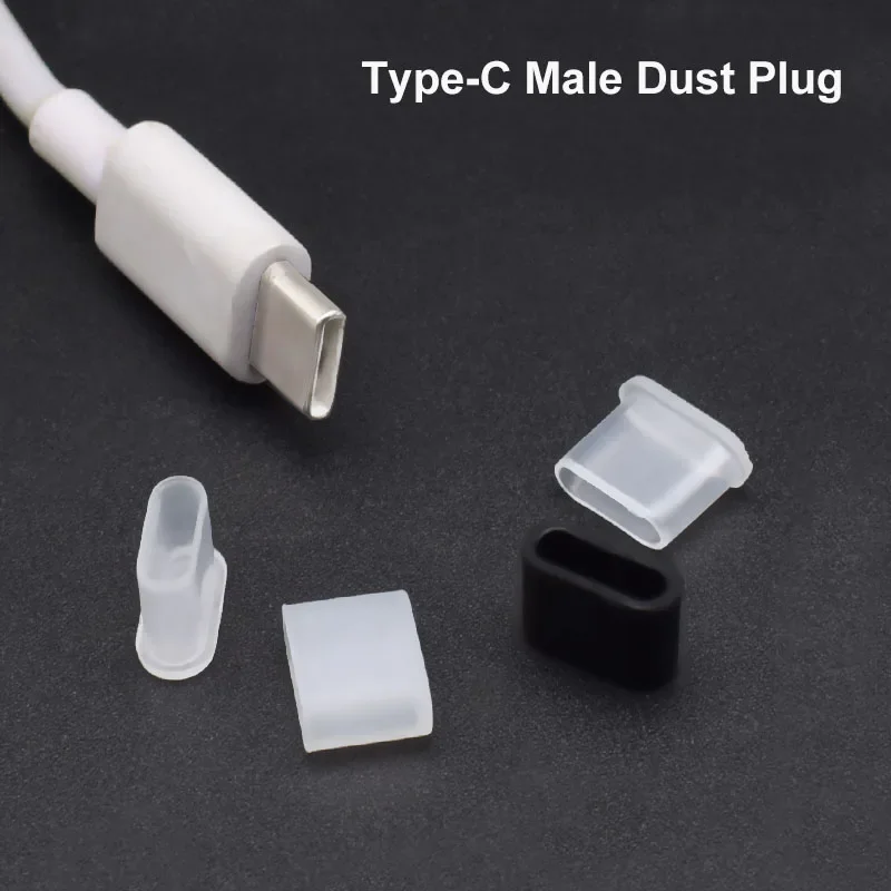 USB Type-C Charging Wire Male Universal Dust Plug Protector Cap Data Cable Port Dust Cover Silicone Black Transparent 2/5/10Pcs