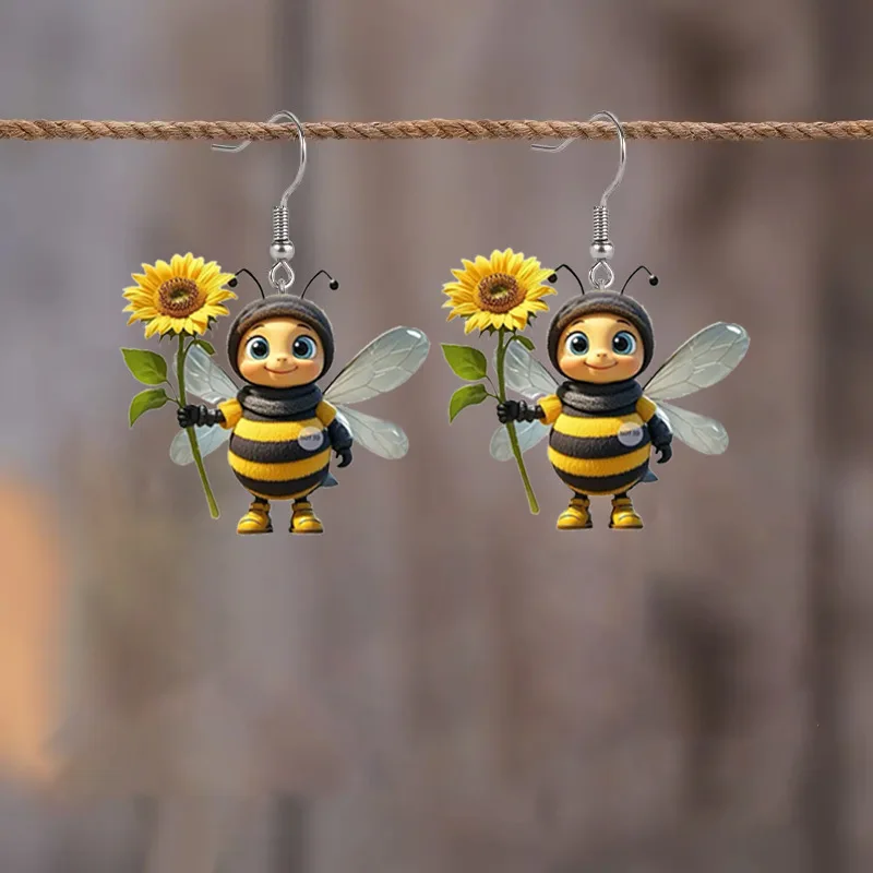 1 Pair of Original Design Little Bee Acrylic Earrings Holding Sunflowers, a Pair of Beautiful and Interesting Ladies Earrings