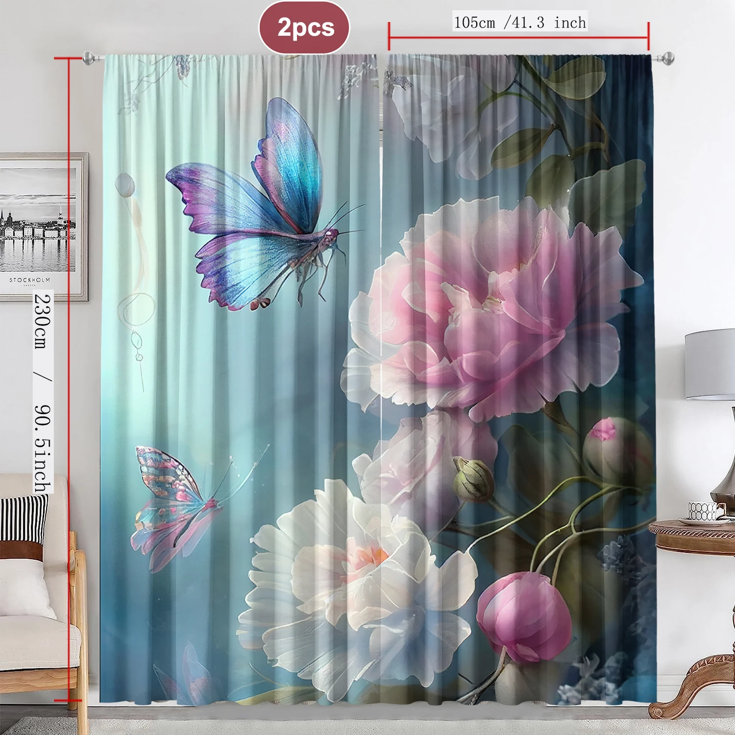 2PC Home Decoration Curtains With Dreamy Floral Background And Rod Pocket Curtains, Suitable For Kitchens, Cafes, Living Rooms
