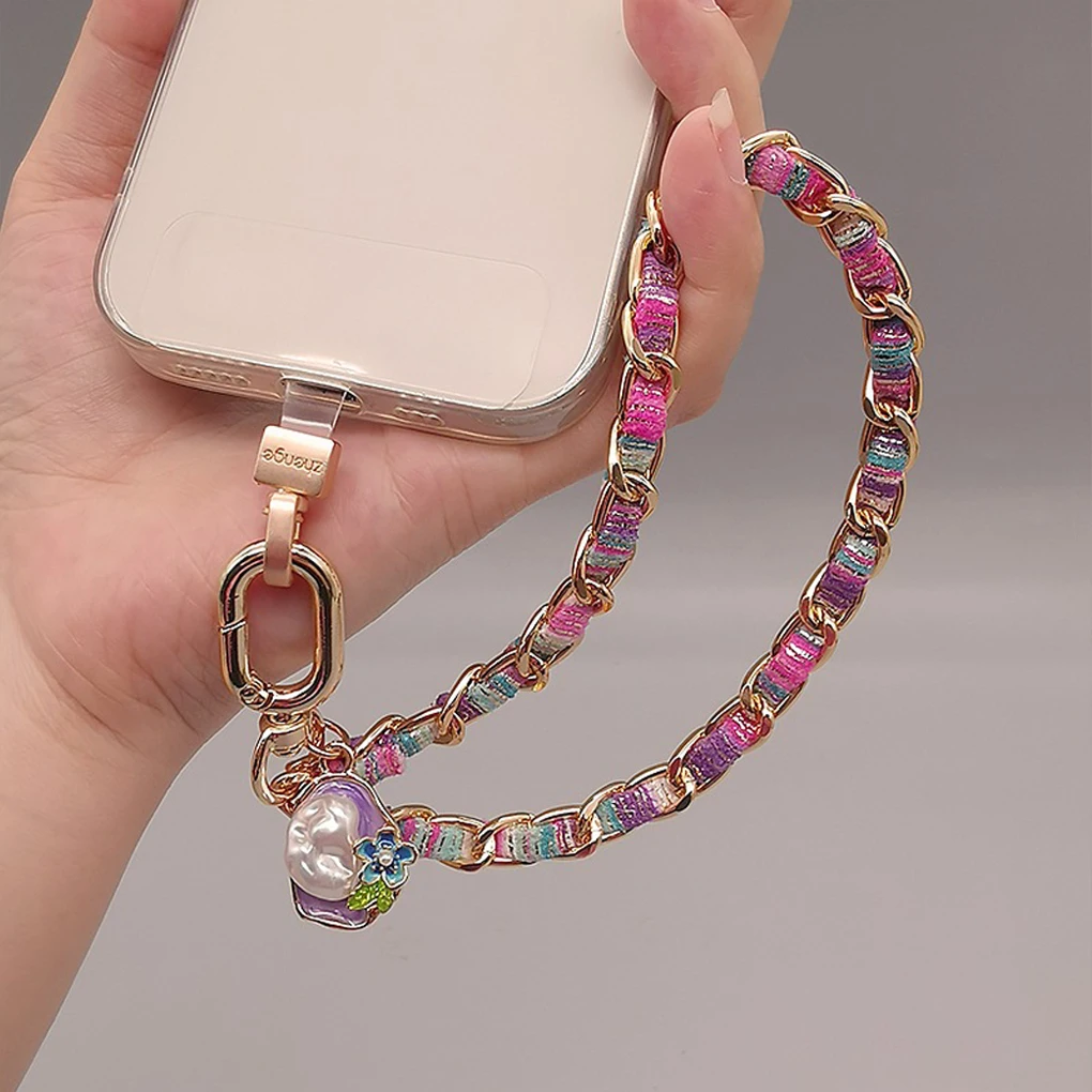 

Metal Chain Mobile Phone Lanyard with Pearl Shell Decor for Women’s Wrist Pendant Anti-Breaking Painted Phone Chain