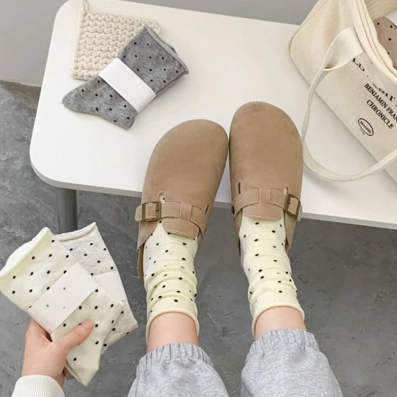 New Fashion Cuffed Socks Japanese Style Summer Thin Black and White Polka Dot Crew Sock Female Sweet JK Versatile Mid Calf Socks