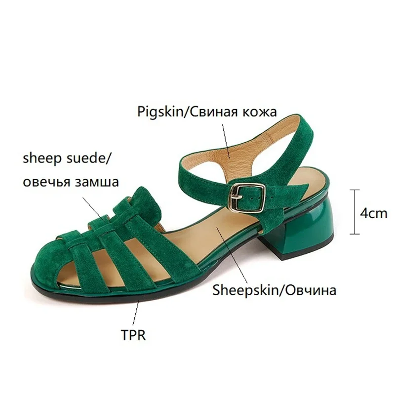 NEW Summer Women Sandals Sheep Suede Leather Shoes for Women Round Toe Chunky Heel Shoes Cover Toe Sandals Solid Gladiator Shoes