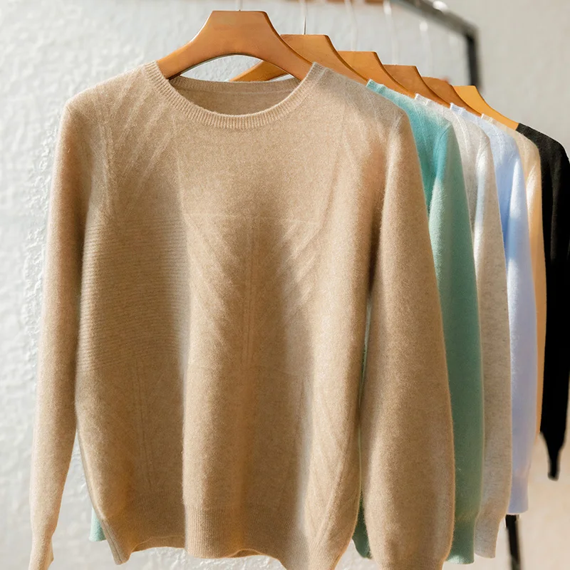 Sweater rajut tipis pria, atasan wol murni longgar leher bulat kasmir 100 musim gugur/musim dingin