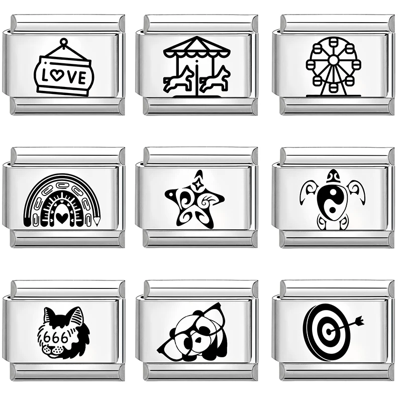 Y2K Laser Engraving Funny Amusement Park LOVE Italian Charm Links Fit 9mm Stainless Steel Bracelet Men Women DIY Making