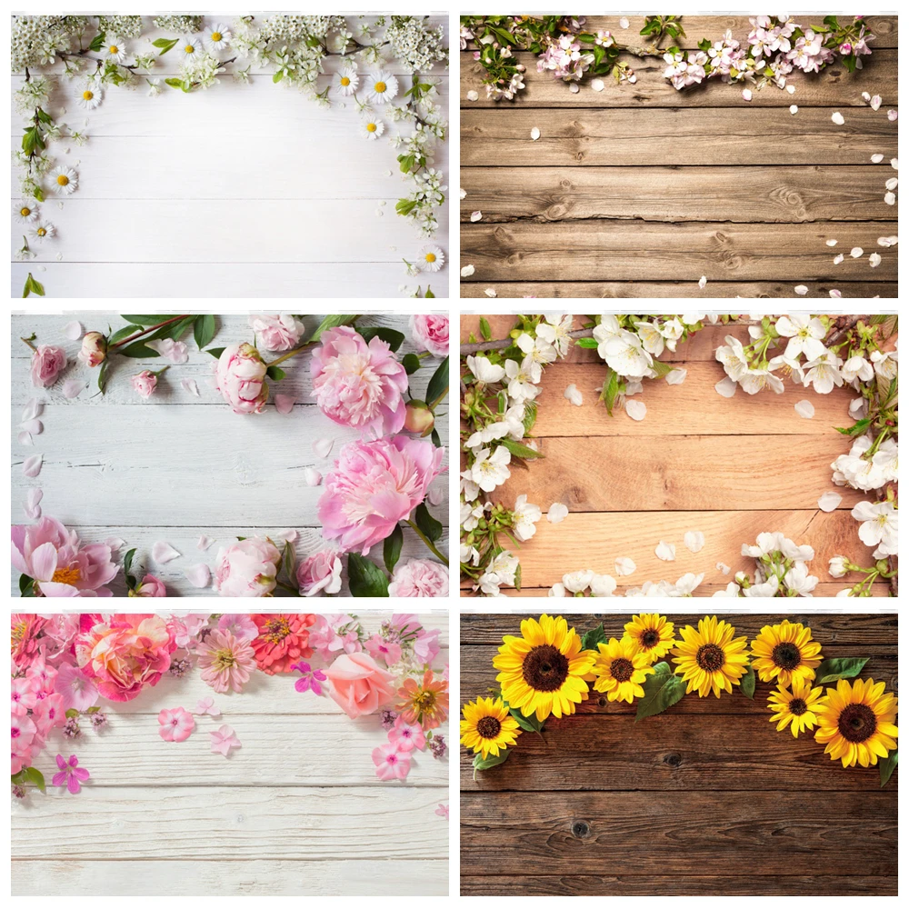 

Flower Wooden Board Products Photography Backdrops Sunflower Floral Hyacinth Tulip Plank Party Decoration Photo Background Props