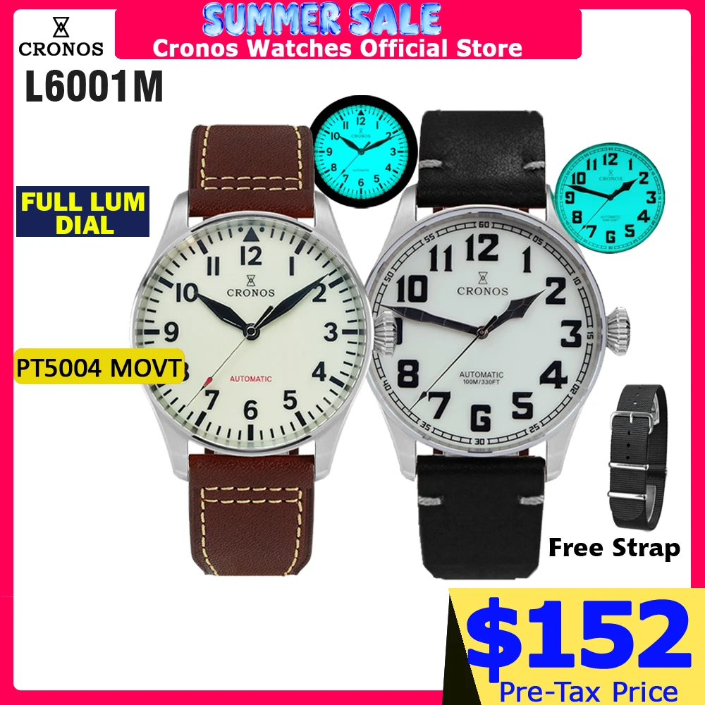 Cronos Pilot Flieger Mechanical Men Watch Stainless steel Super Luminous Sapphire Crystal Skeleton Back Leather Strap