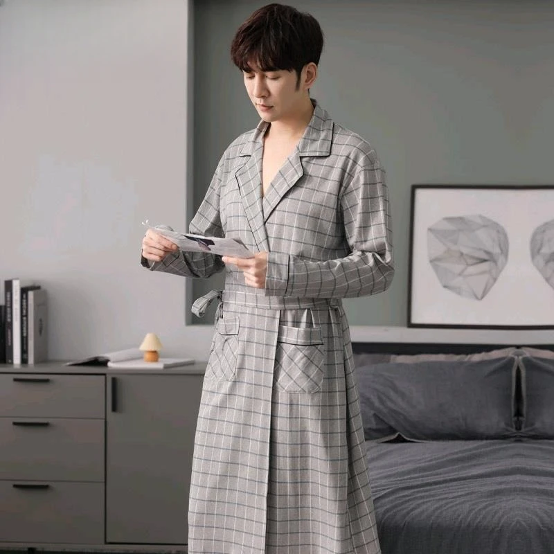 Long Sleeve Kimono Bathrobe Large Size One-piece Pajamas  All Cotton Bathrobe Night Gown Gentleman Spring and Autumn Pure Cotton