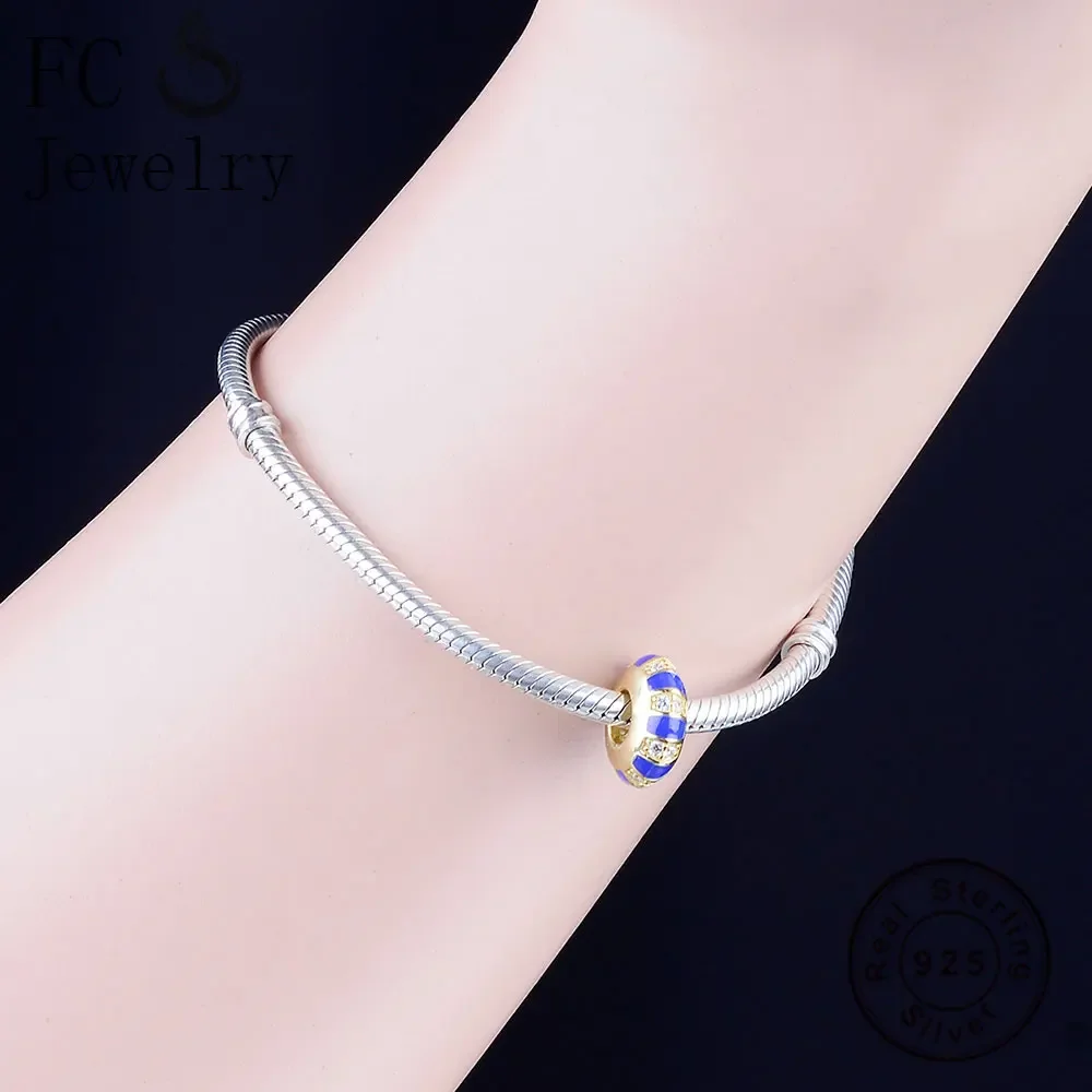 Fc jóias caber marca original encantos pulseira 925 prata esterlina azul cor do ouro pedra exótica cz espaçador grânulo fazendo berloque