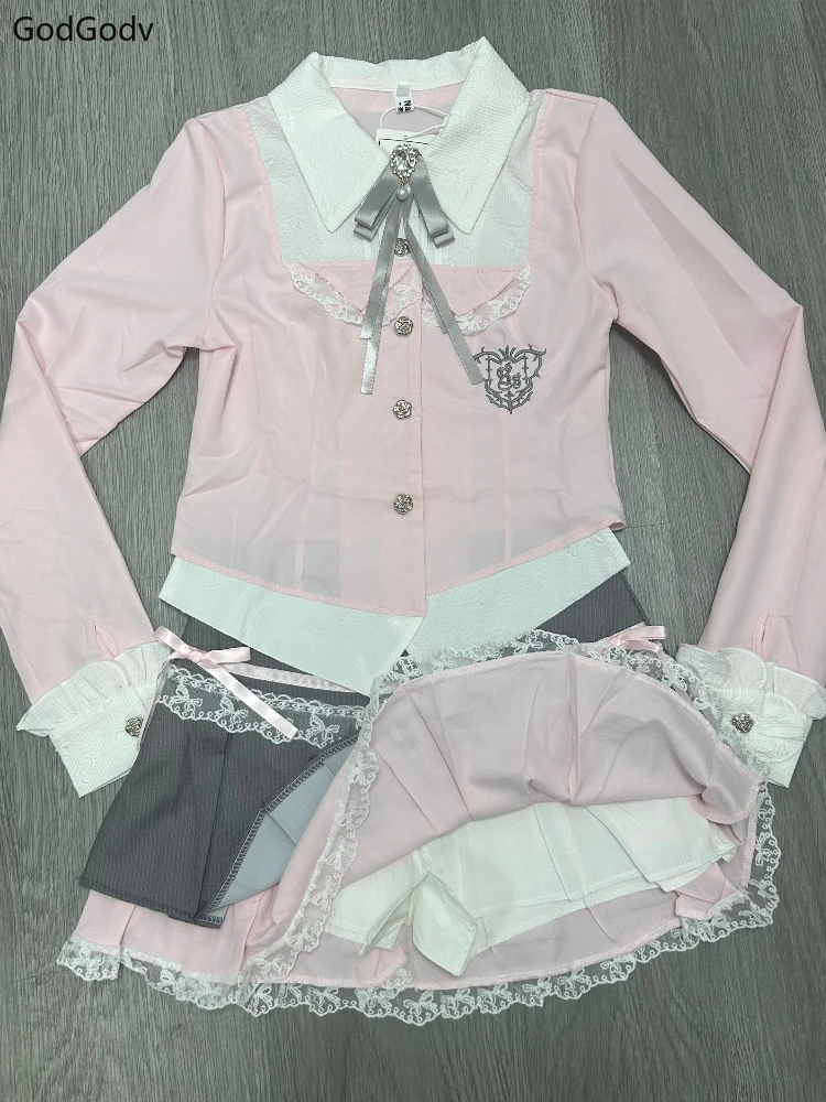 Spring Y2K Princess Outfits Women 2 Piece Sets Sweet Kawaii Bow Tops + Lace Pleated Skirt Female Retro Chic Preppy Style Clothes - Image 4