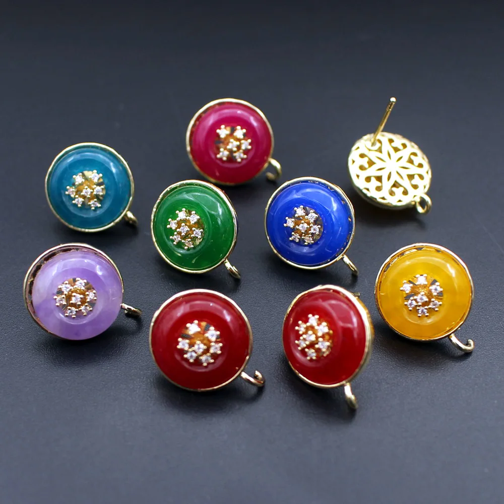 6pair Circle Colors Natural Stone CZ Pistils Stud Earrings with Loop Linker Connectors DIY for Women Hanging on Earrings