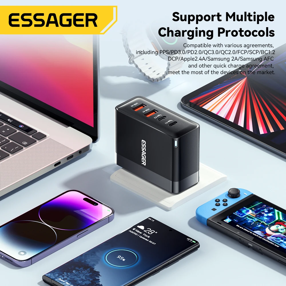 ESSAGER GaN Charger 100W USB Type C PD Fast Charger with Quick Charge 4.0 3.0 USB Phone Charger For MacBook Laptop iPhone 15 14