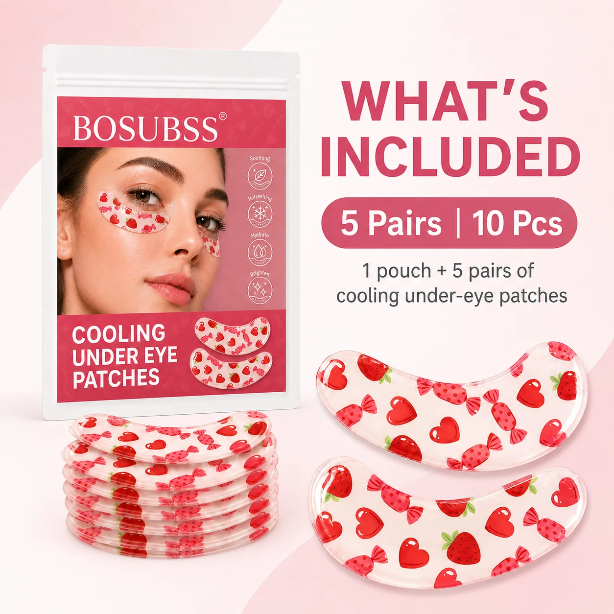 5Pairs/10PCS Cute Strawberry Under Eye Patches, Candy & Heart Printed Crescent Eye Masks for Sweet Self-Care and Beauty Routines