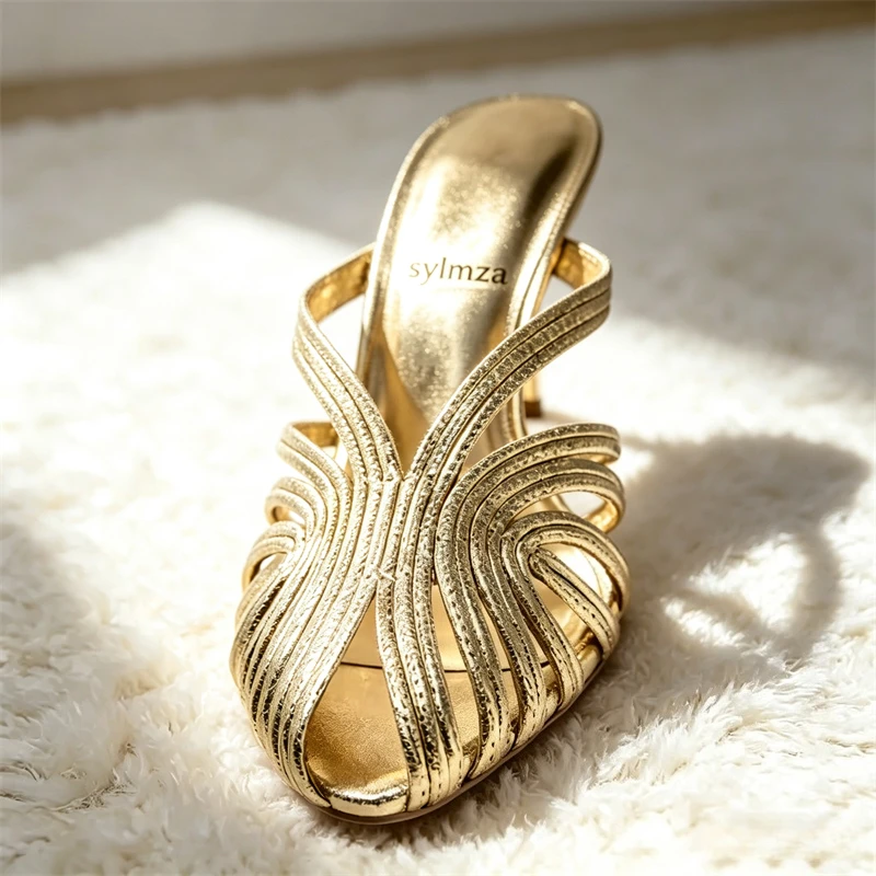 Golden Narrow Band Design Brand High Heel Slippers Women Fashion Pointed Toe Thin Heel Slide Sandals Elegant Banquet Dress Shoes