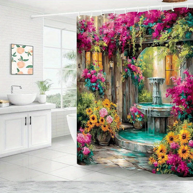 A Single Rustic Garden Shower Curtain Featuring a Stone Pathway, an Arched Doorway, Blooming Pink Bougainvillea, Sunflowers, And