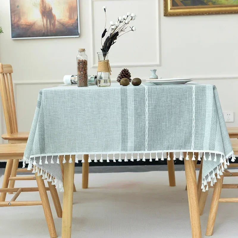 

Christmas table Cloth Hollow Tassel solid color long-striped Jacquard tablecloth tea mat cotton linen gray22