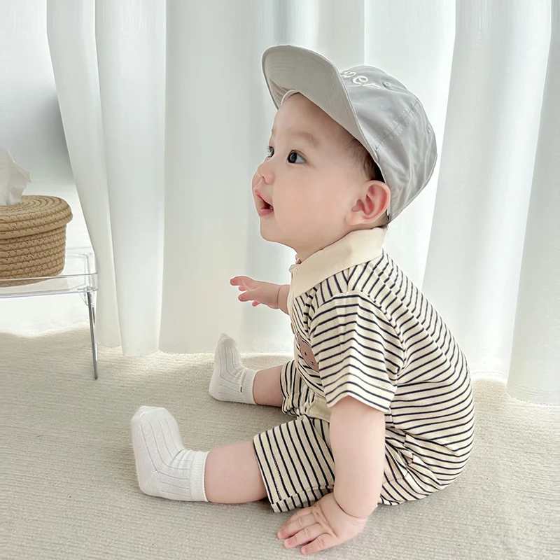 Baby summer one-piece stripesd pure cotton short-sleeved rompers for men and women, fashionable and versatile harem clothes