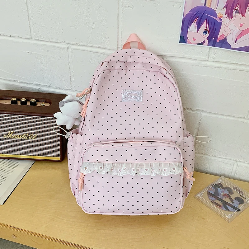 Modischer Rucksack, Damen-Schulrucksack mit Polka-Dot-Muster, süßer Spitzenbesatz, koreanischer leichter Schulrucksack mit großer Kapazität für Mädchen und Studenten – Detail 16