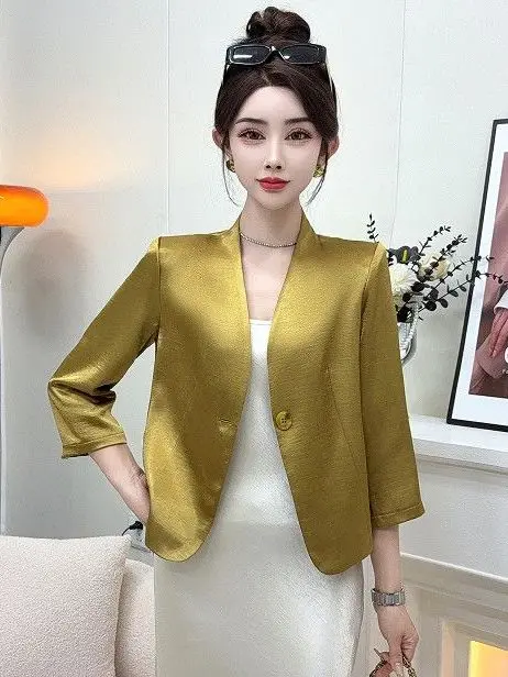 

iny Satin Faionable Versatile Simple High Gloss Suit Jaet Ele Flowing Women's Casual Workwear Dr