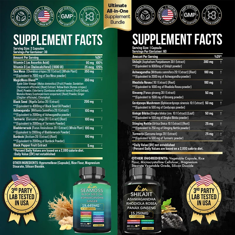 Shilajit supplement contains 7000mg of seaweed, 2000mg of South African eggplant, Dongge Ali, boron, and magnesium-60 capsules