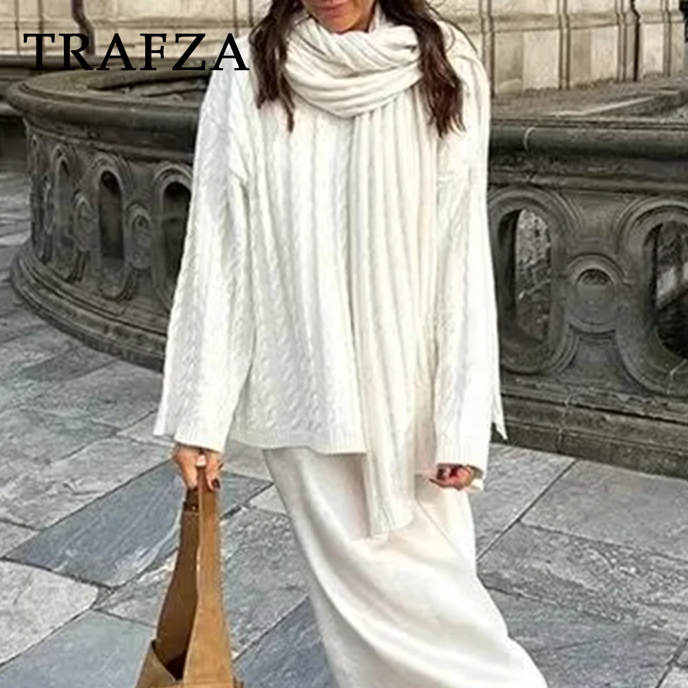 TRAFZA Mode 2024 Solide Grau Lange Hülse Lose Pullover Übergroßen Schal Chic Luxus Schal O Hals Elegante Dame Herbst Pullover