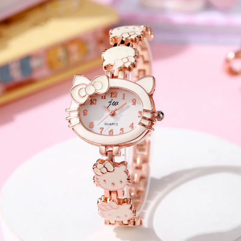 New Sanrio Hello Kitty Student Children\'s Cat Fashion Watch Steel Belt Women\'s Bracelet Electronic Quartz Watch Creative Gift