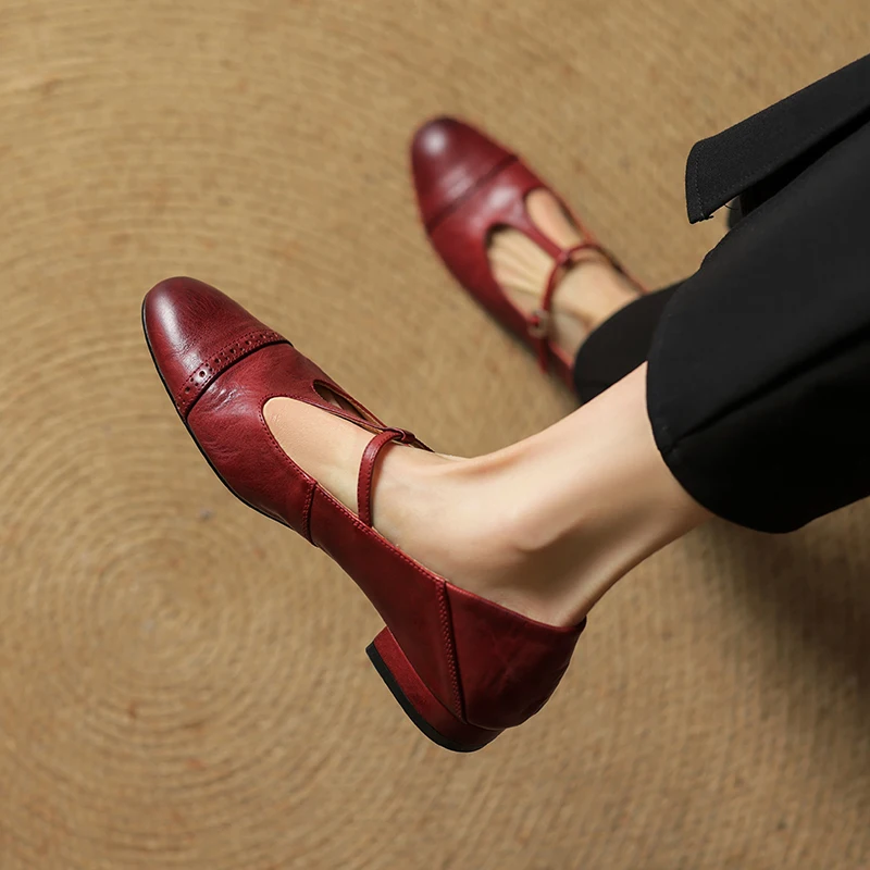 Dilalula 2026 Top Quality Cow Leather women's T-Strap Pumps British Style Med Heels Office Lady Pumps Female Dress Party Shoes view 2