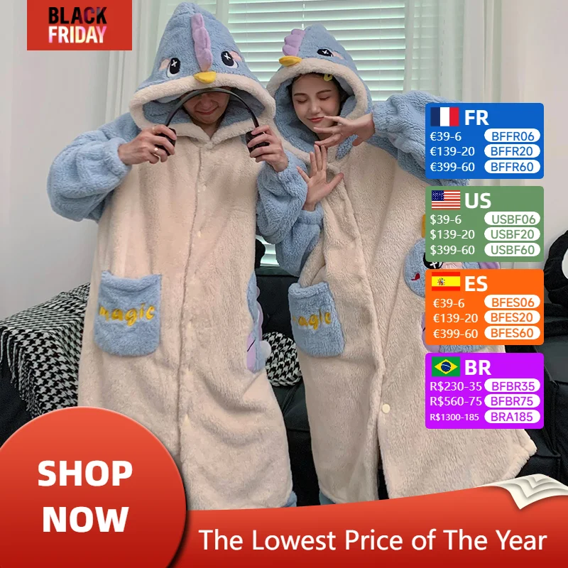 Kigurumis Dinosaur Winter Bathrobe Pajamas Women Men Couple Sleepwear Coral Velvet Nightie Lovely Long Plush Hooded Thick Robe