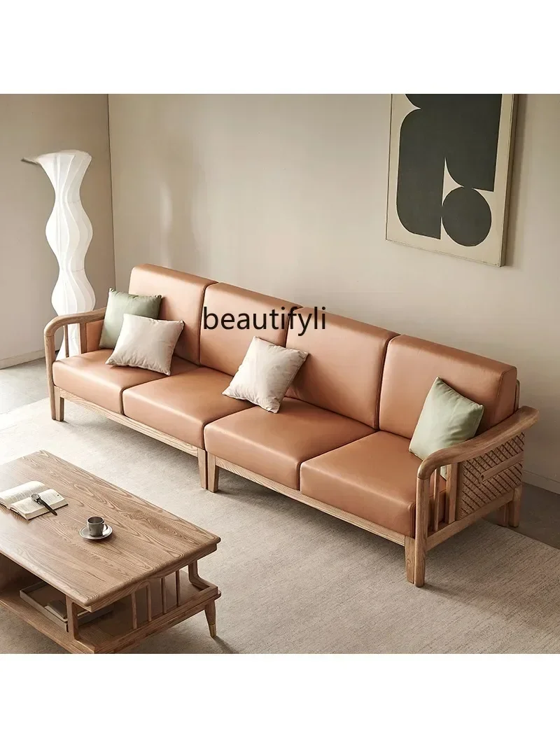 Solid Wood Sofa White Wax Wood New Chinese Modern Minimalist Living Room Straight Row Sofa Four-Seat