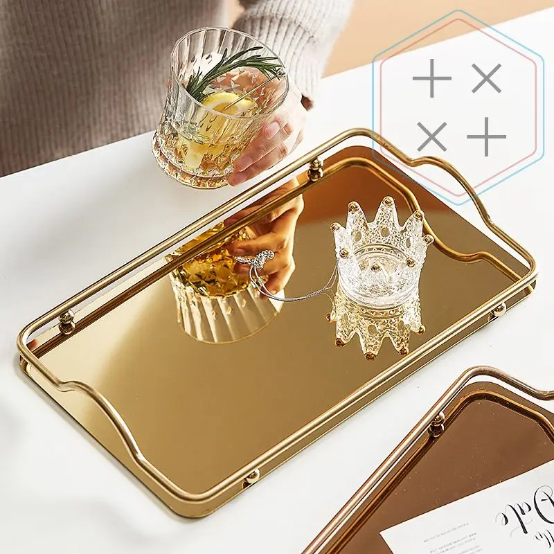Gold and silver stainless steel luxury rectangular decorative tray with handle