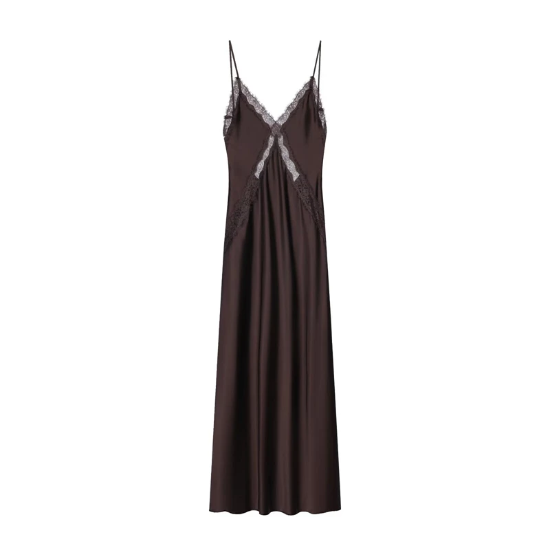 Women's Dark Brown Satin Slip Dress with Lace Trim, Spaghetti Strap V-Neck Maxi Dress, Elegant Nightwear & Party Dress"
