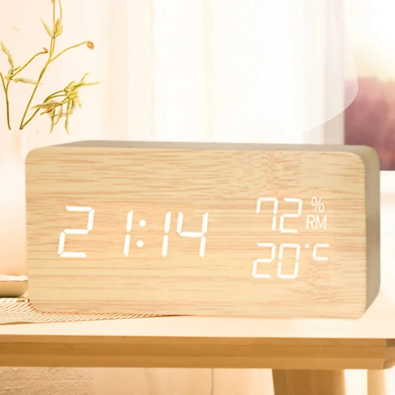 Wooden Digital Alarm Clock LED Thermometer Alarm Clock with Temperature Desk Clocks for Office,Bedside Clock,Decoration Supplies